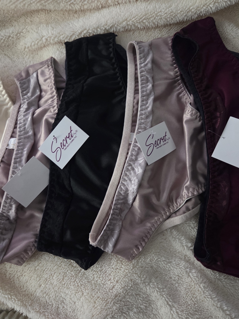 Secret Collection Satin Bikini Panties - Black, Mauve & Burgundy